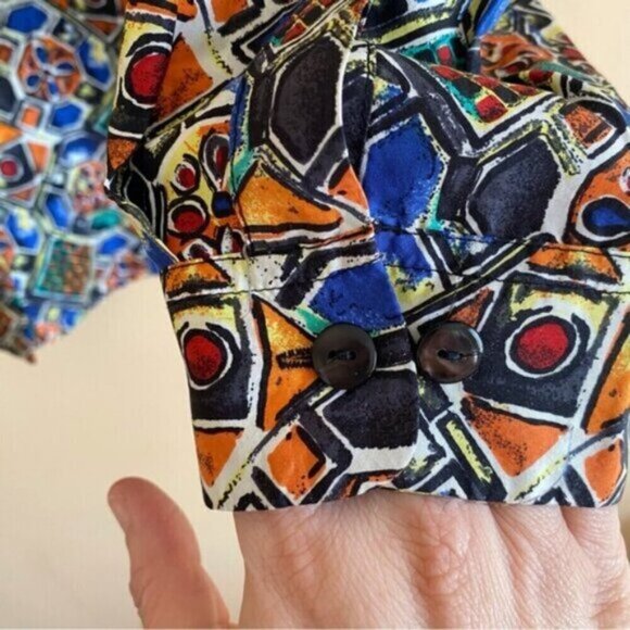 Daniel Hechter 100% Silk Geometric Print Blouse Woman Medium Dopamine Old Money - Picture 7 of 15